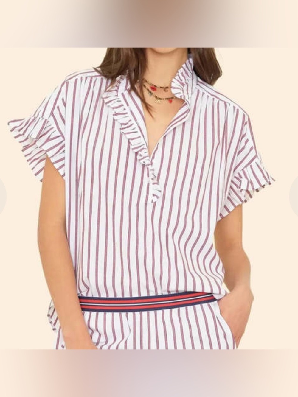 Xirena Striped Ruffle Brie Sleeve Top in White & Red Size Medium